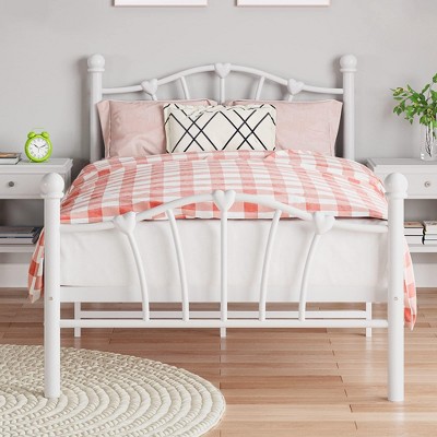 Whizmax Twin Size Bed Frame for Kids,Twin Bed Frame with Heart Shaped Headboard and Tailboard,Heavy Metal Slat Support,No Box Spring Needed, White