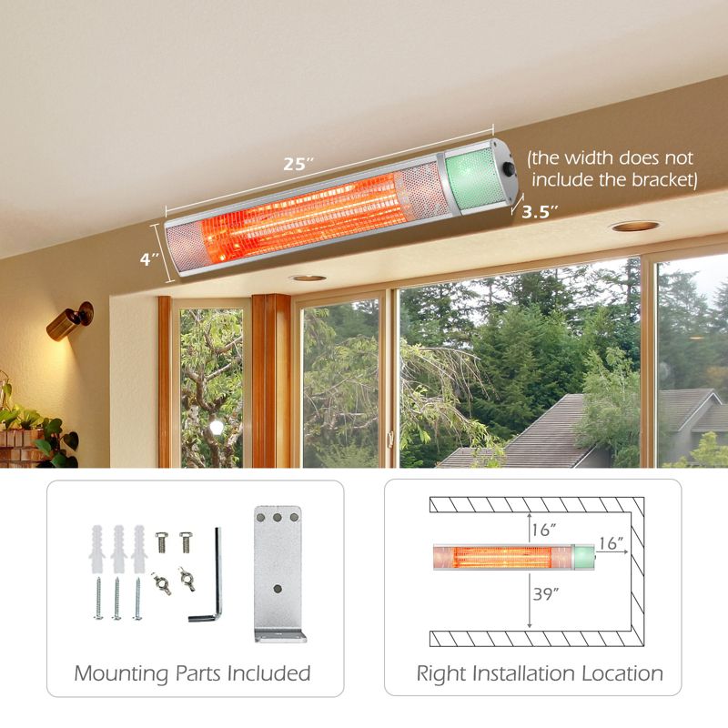 Costway Wall-Mounted Patio Heater 750W/1500W Infrared Heater with 9-Level Adjustable 24H Timer & Remote Control Silver, 4 of 10