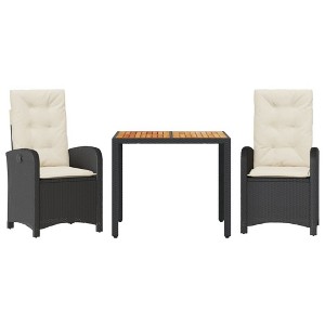 vidaXL 3 Piece Patio Dining Set - Black Poly Rattan, Reclining Chairs with Cushions, Adjustable Backrest, Glass Tabletop for Garden, Backyard, Patio - 1 of 4