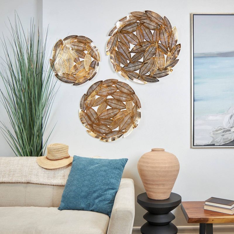Set of 3 Metal Leaf Abstract Round Disk Wall Decors Gold - Olivia &#38; May, 2 of 6