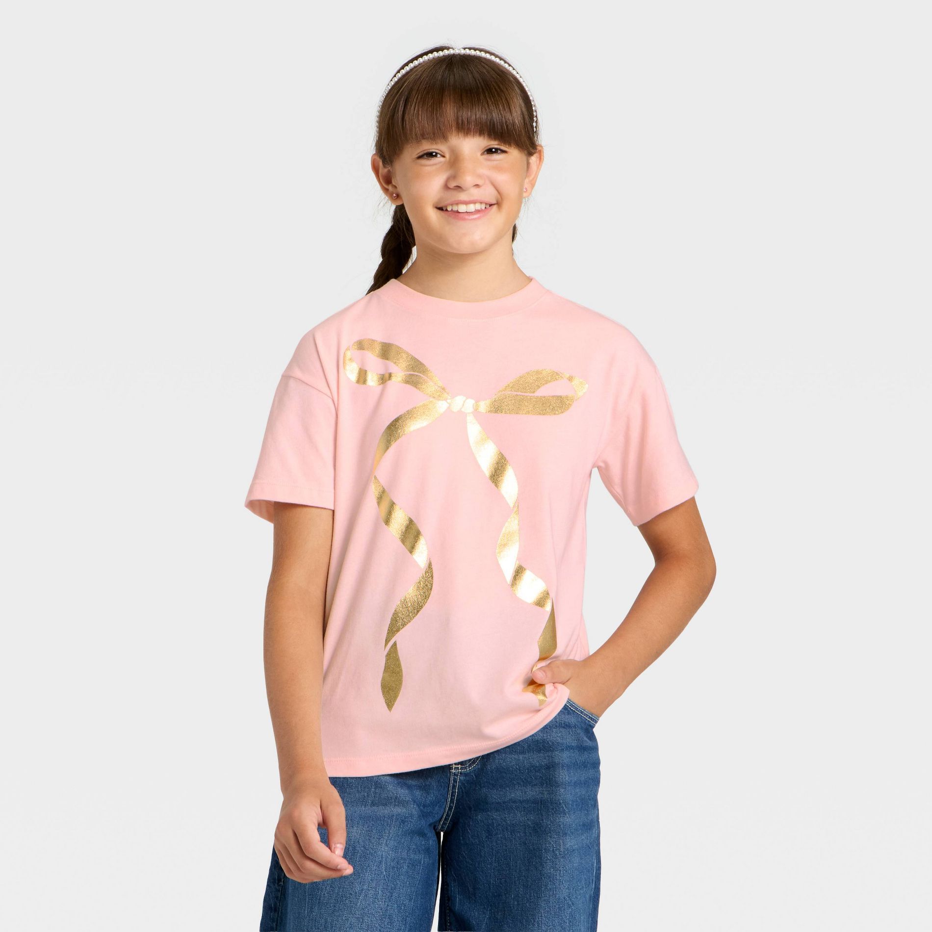 Girls' Short Sleeve Bow Oversized Graphic T-Shirt - Cat & Jack™ Light Pink