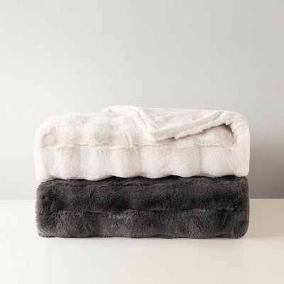 Gray Reversible Faux Fur Basketweave Throw Blanket
