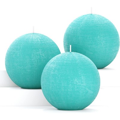 Set of 3 Round Teal Candles - 3 inch Sphere Candles for Wedding & Home Decor - Unscented Long Burning