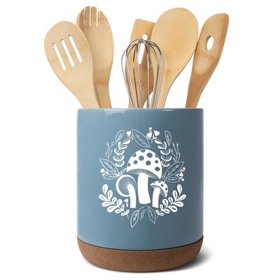 Elanze Designs 8 inch Floral Mushroom Leaf Large Ceramic Kitchen Utensil Holder Sky Blue and White Crock with Cork Base