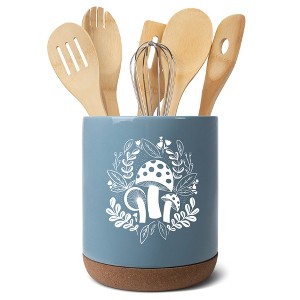 Elanze Designs 8 inch Floral Mushroom Leaf Large Ceramic Kitchen Utensil Holder Sky Blue and White Crock with Cork Base - 1 of 4