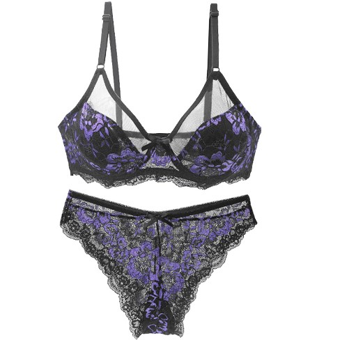 Agnes Orinda Women's Underwire Floral Lace Mesh Push-up 2-hook Lace Trim Bra  And Panty Set Black Purple 40e-l : Target