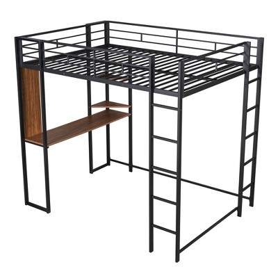 Bellemave Full Size Metal Loft Bed with 2 Shelves and one Desk ,Black