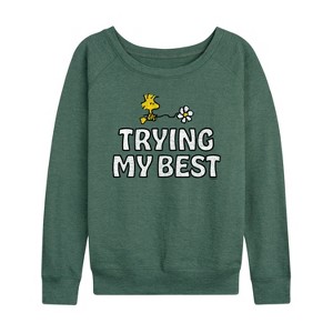 Women's - Peanuts - Woodstock Trying My Best Lightweight French Terry Wide Neck Long Sleeve Shirt - 1 of 4