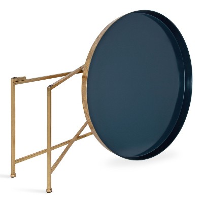 Navy Blue and Gold Leaf Round Lift-Top Metal Coffee Table