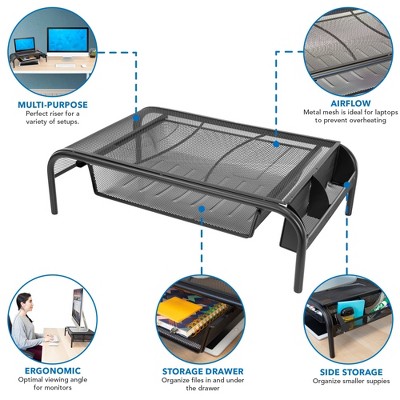 Black Metal Mesh Monitor Stand with Pullout Drawer