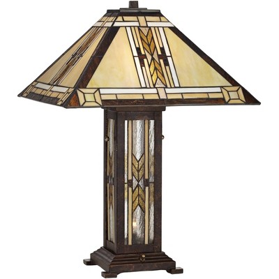 Franklin Iron Works Mission Tiffany Style Nightlight Table Lamp with Table Top Dimmer Bronze Stained Glass for Living Room Bedroom