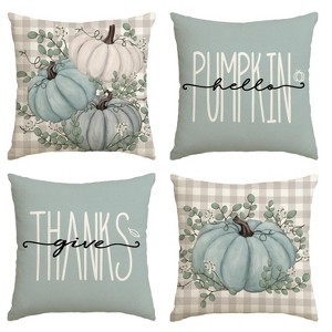 Hello Pumpkin Give Thanks Throw Pillow Covers 18x18 Set of 4, Fall Autumn Thanksgiving Eucalyptus Leaves Harvest - 1 of 4