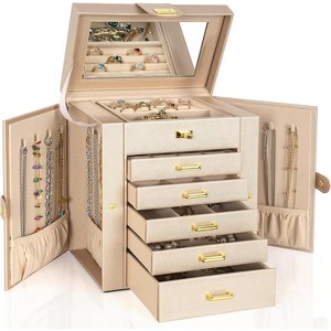 Leather Jewelry Box with Mirror - Multi-Compartment Organizer for Rings & Necklaces, Black - 1 of 4