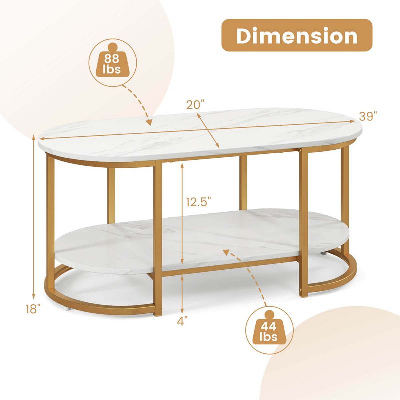 Costway White Marble Coffee Table  Modern 2-Tier Center Table with Open Storage Shelf, 3 of 11