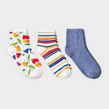 Women's 3pk Happy Garden Ankle Socks - A New Day™ White/Denim/Red 4-10