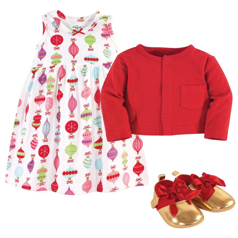 Little Treasure Baby Girl Cotton Dress, Cardigan and Shoe 3pc Set, Glitzmas, 2 of 3