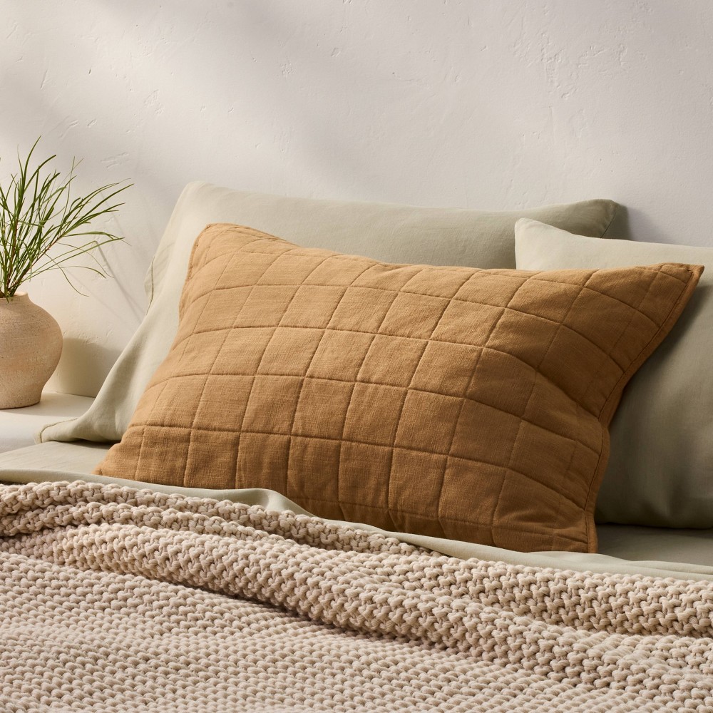 Photos - Bed Linen Standard Heavyweight Linen Blend Quilt Pillow Sham Warm Brown - Casaluna™: Zipper Closure, OEKO-TEX Certified