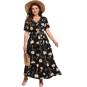 BLUEMING Summer Maxi Dress for Plus Size Women Tie Wasit Surplice Dress Flutter Sleeve A-Line Dress - 1 of 4