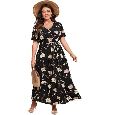 BLUEMING Summer Maxi Dress for Plus Size Women Tie Wasit Surplice Dress  Flutter Sleeve A-Line Dress, black yellow flower - 4XL : Target