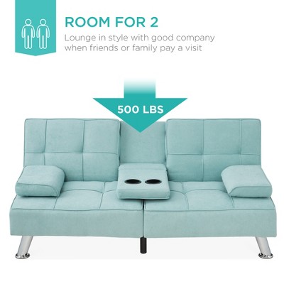 Aqua Tufted Linen Convertible Sleeper Sofa with Metal Legs and Cupholders