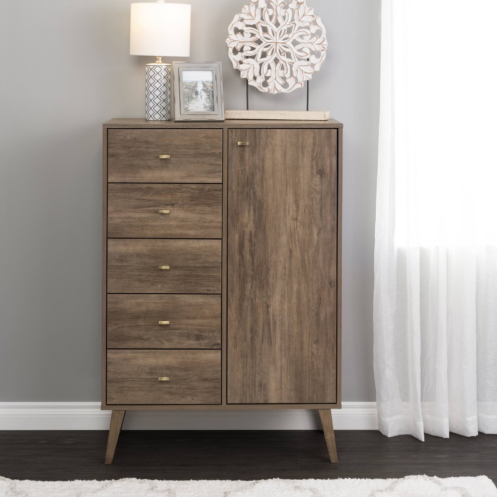 Photos - Dresser / Chests of Drawers Milo Mid-Century Modern 5 Drawer Chest with Door Gray/Brown - Prepac