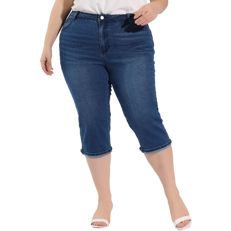 Agnes Orinda Women's Plus Size Jeans Zipper Back Yoke Stretch Roll Up Cuff Denim Pants, 4 of 7