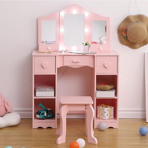 Kids Vanity Table, Girls Vanity with Tri-Folding Mirror, Drawer,Open Storage Shelves - 1 of 4