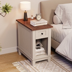 Narrow Side Table with Charging Station with Storage, Small Farmhouse End Tables Sofa Table, Nightstand Bedside Tables for Living Room Bedroom - 1 of 4