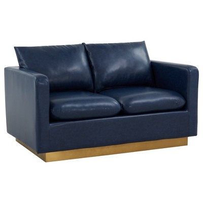 LeisureMod Nervo Mid-Century Modern Upholstered Faux Leather Loveseat with Gold Frame