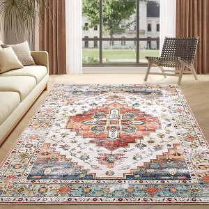 Washable Boho Rug for Living Room Bedroom, Soft Large Vintage Distressed Area Rug Non Slip Low Pile Floor Carpet - 1 of 4