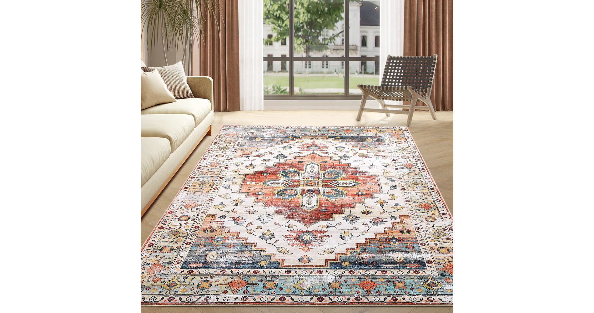 Vintage Boho Rugs Washable, 4'x6' Rug Non Slip for Living Room Bedroom, Medallion Accent Floor Carpet, Orange