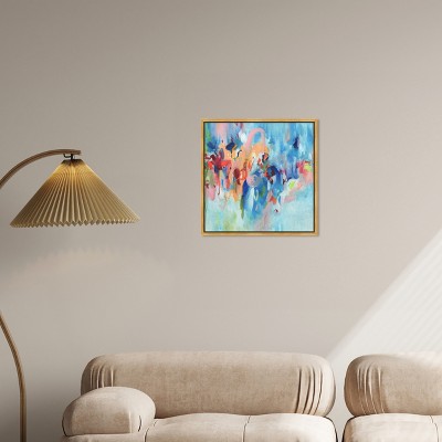 Vibrant Blue and Multicolor Abstract Canvas Art with Gold Frame, 21" x 21"