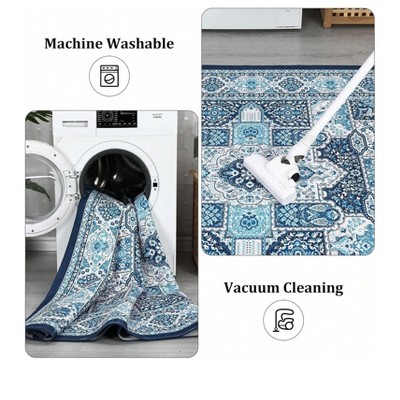 Blue Floral Chenille Washable Non-Slip 8' x 10' Area Rug
