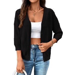 Womens Lightweight Summer Cropped Cardigan 3/4 Sleeve Button up Thin Bolero Crochet Knit Shrug Sweater - 1 of 4
