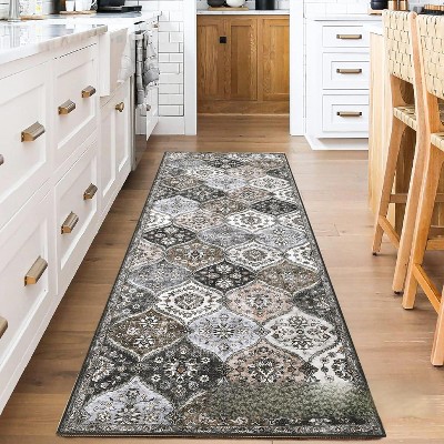 Oriental Floral Washable Runner Rug, Non-Slip Vintage Carpet with Rubber Backing for Hallway, Kitchen & Bedroom