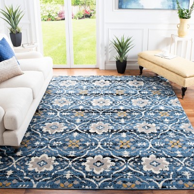 Blue and Cream Geometric Damask Outdoor Area Rug 9' x 12'