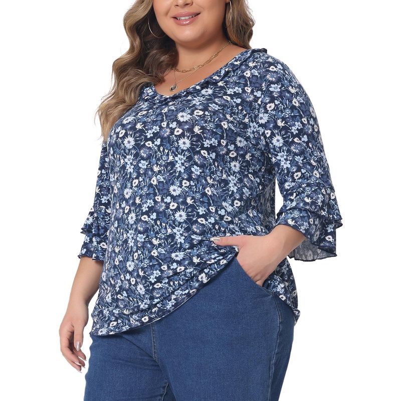Agnes Orinda Women's Plus Size Floral Print V Neck Tiered Ruffle 3/4 Sleeve Casual Blouse, 2 of 6