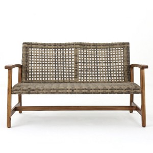 GDFStudio Jean Outdoor Acacia Wood and Wicker Loveseat - 1 of 4