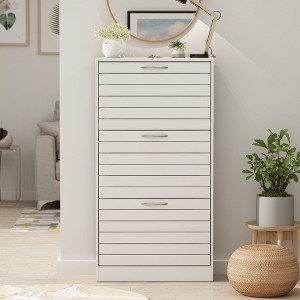 FUFU&GAGA White Woodgrain 3-Drawer Flip-Flop Shoe Cabinet Hollow Out Design Natural Style - 1 of 4