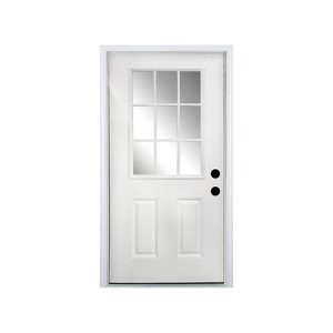 Lirago Fiberglass Front Doors - 36 in. x 80 in. White with Brickmould, 6-9/16" Vinyl Frame, 9 Lite Low-E Glass, Left Hand Inswing - 1 of 4