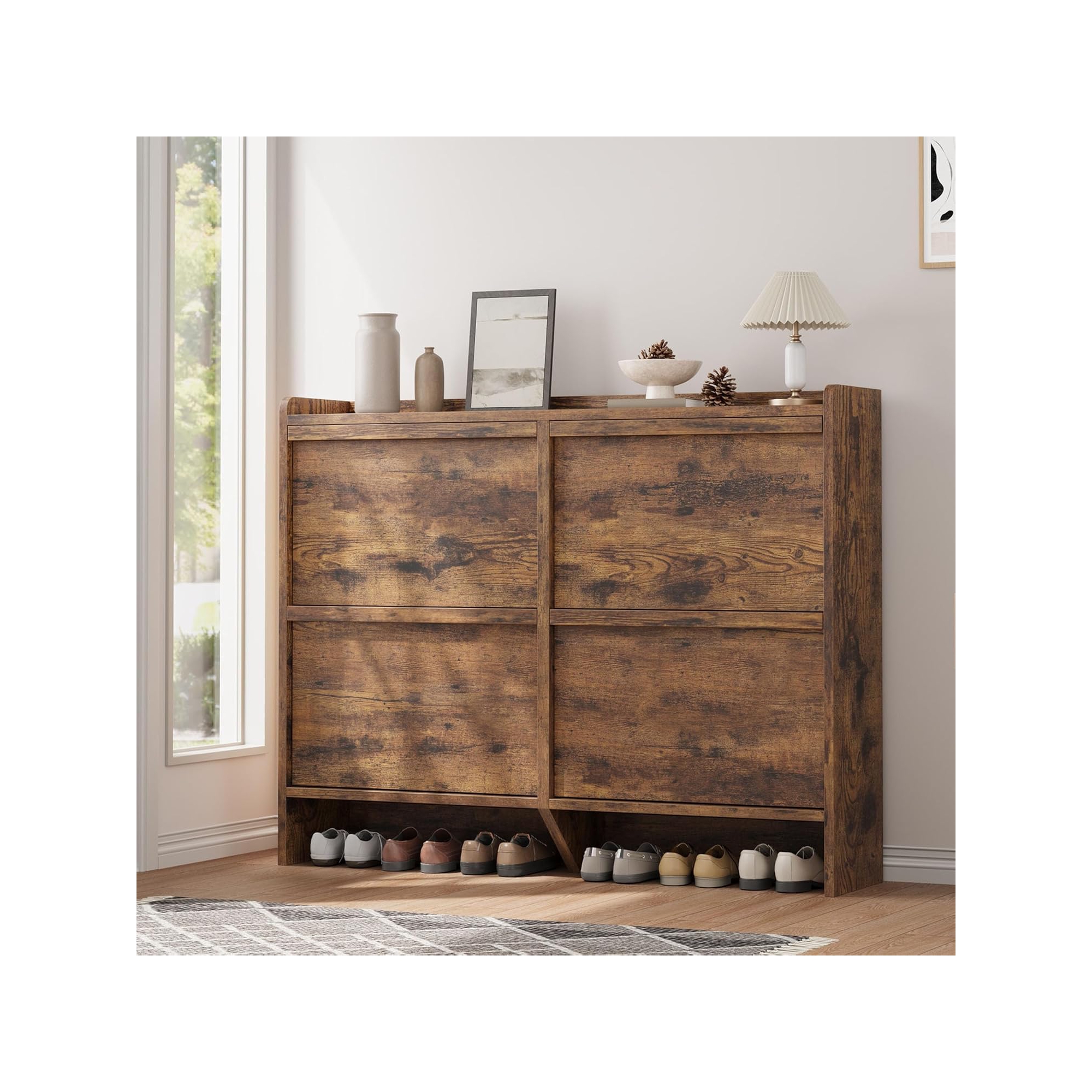 Shoe Cabinet with Flip Drawers, Hidden Wood Shoe Cabinet,Freestanding Shoe Storage Cabinet for Entryway Hallway,Brown 4 Drawers
