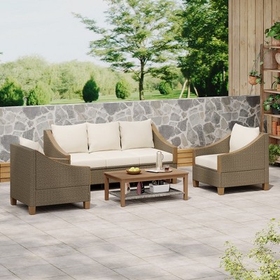 4 Piece Patio Furniture Sets, Outdoor Furniture With Coffee Table, Rattan Conversation Set For Porch Backyard brown