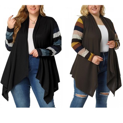 Agnes Orinda Women's Plus Size Open Front Long Sleeve Lightweight Stripe Long Cardigan