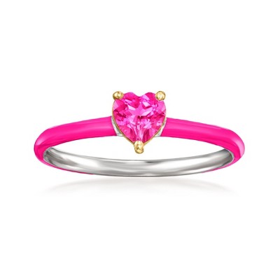 RS Pure by Ross-Simons 0.50 Carat Pink Topaz Heart Ring With Single Diamond and Pink Enamel in Sterling Silver and 14kt Yellow Gold
