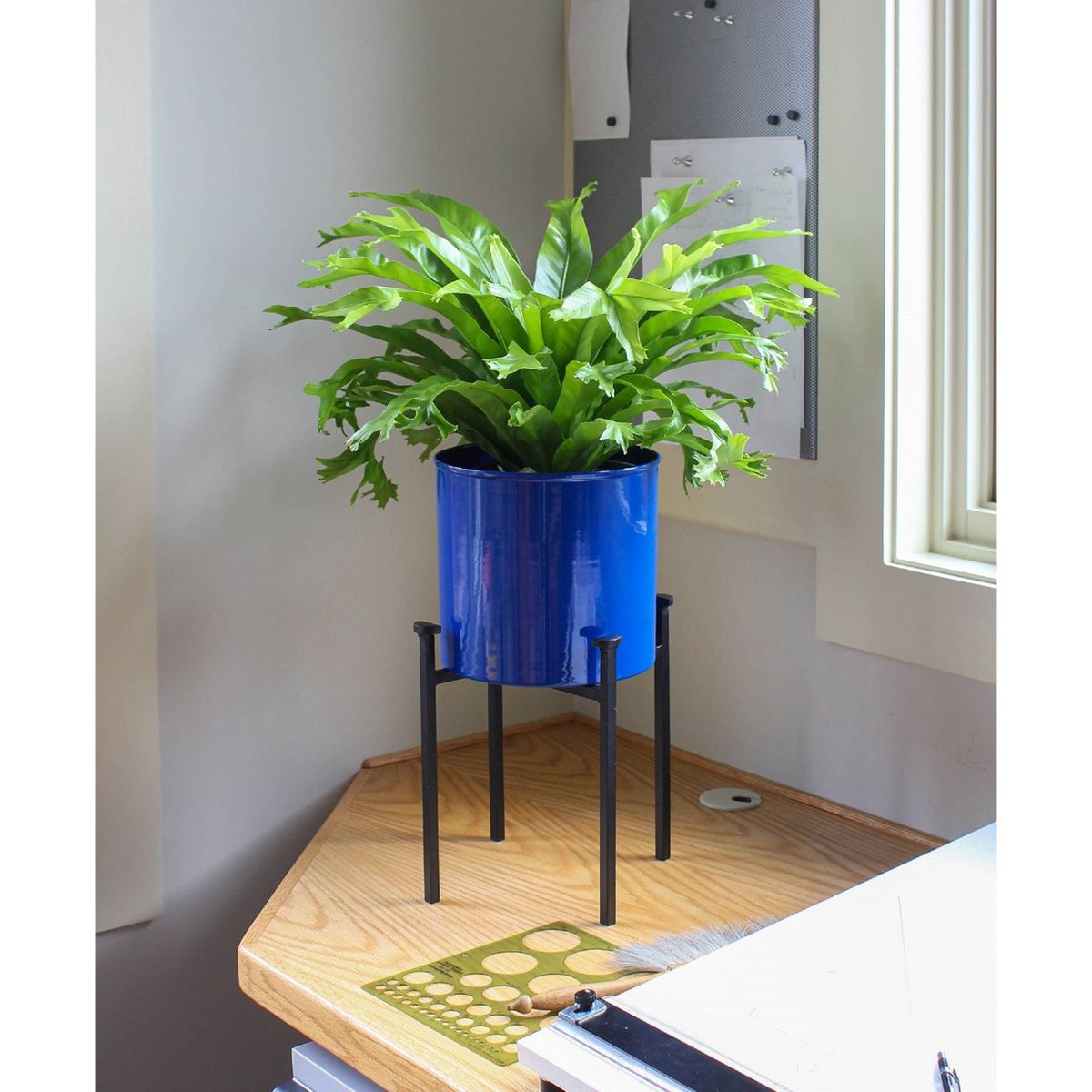 ACHLA Designs 8" Wide Cylinder Planter Pot Galvanized Steel with 4-Legged Black Wrought Iron Plant Stand  French Blue - thumbnail 2