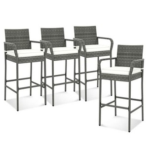 All Weather PE Rattan Bar Chairs Set of 4 with Armrests and Seat Cushions for Porch Backyard - 1 of 4