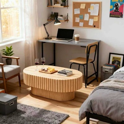 Homy Casa Modern Oval Wooden Coffee Table with Textured Fluted Design for Living Room and Small Spaces, Natural Oak