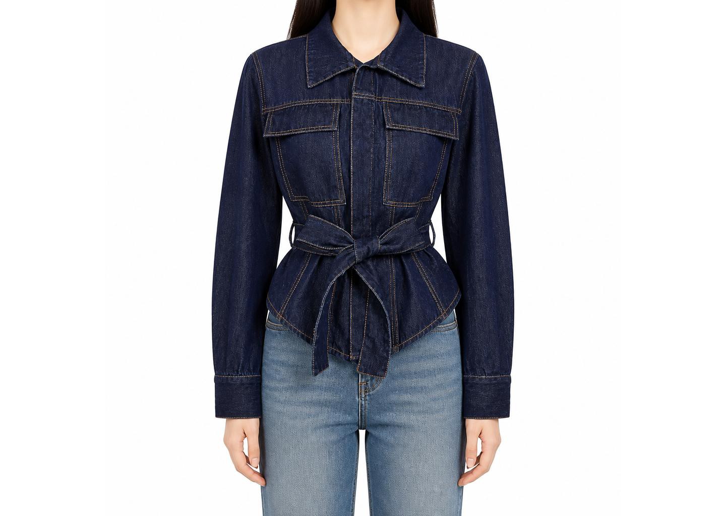 Женская куртка EadianDree Women Denim Jacket Long Sleeve Lapel Tie Waist Belted Button Front Outerwear, цвет: Джинсовый — фото 1