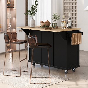 SAINTCY Kitchen Cart with Rubber wood Drop-Leaf Countertop, Kitchen Island on 5 Wheels with Storage Cabinet and 3 Drawers for Dinning Room - 1 of 4