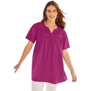 Woman Within Women's Plus Size Smocked Split Neck Tunic - 1 of 4